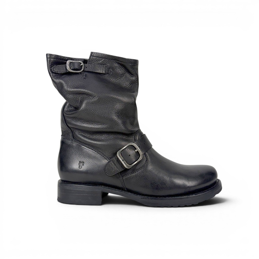 Frye Veronica Short Black Leather Moto Boots Women 9.5‎ B Slouch Shaft Buckles